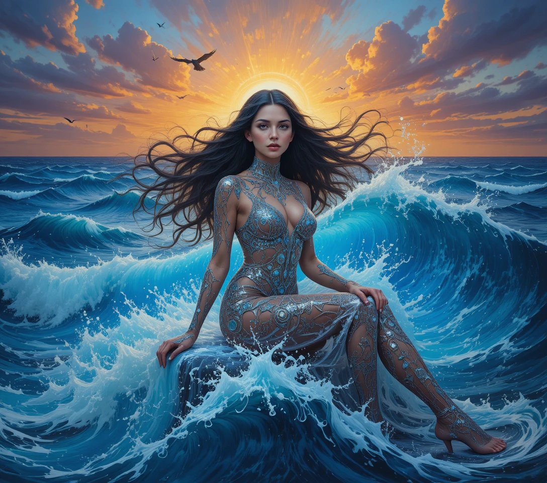 Ethereal woman standing on a glowing deep blue ocean wave
