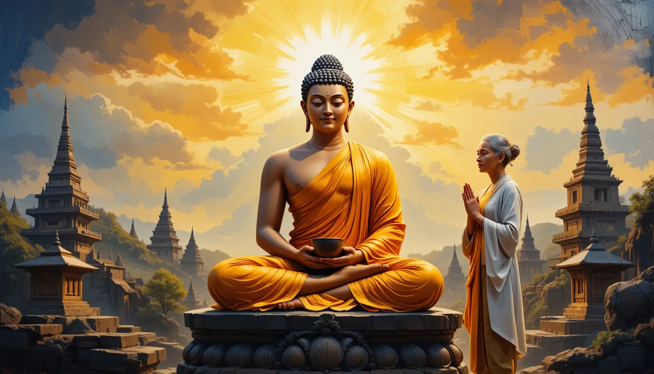 Buda meditando con devotos en una escena de templo resplandeciente
