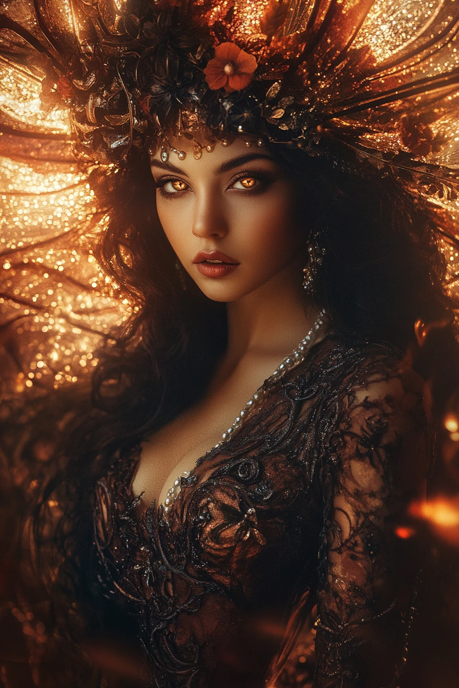Dark elf woman in a floral dress by glowing waves