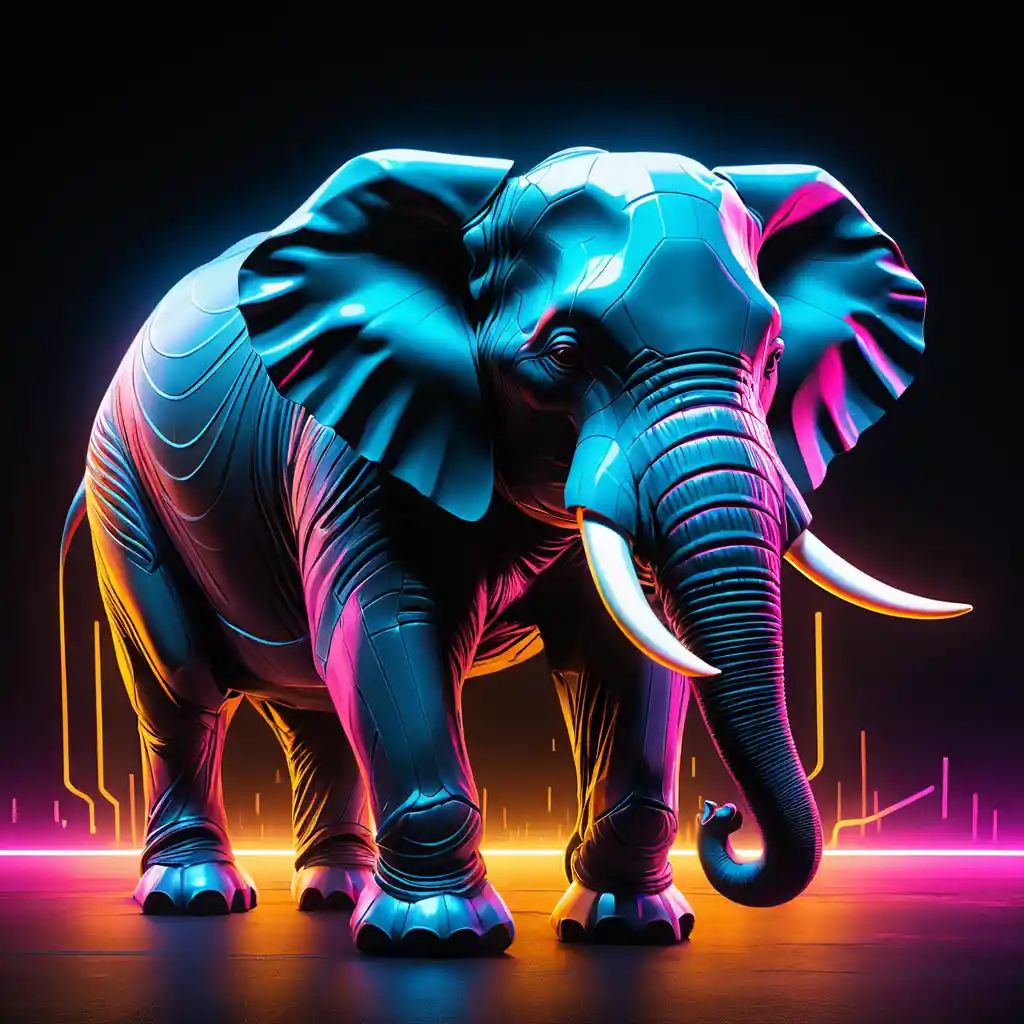 Elefante cyberpunk neon em movimento em fundo preto