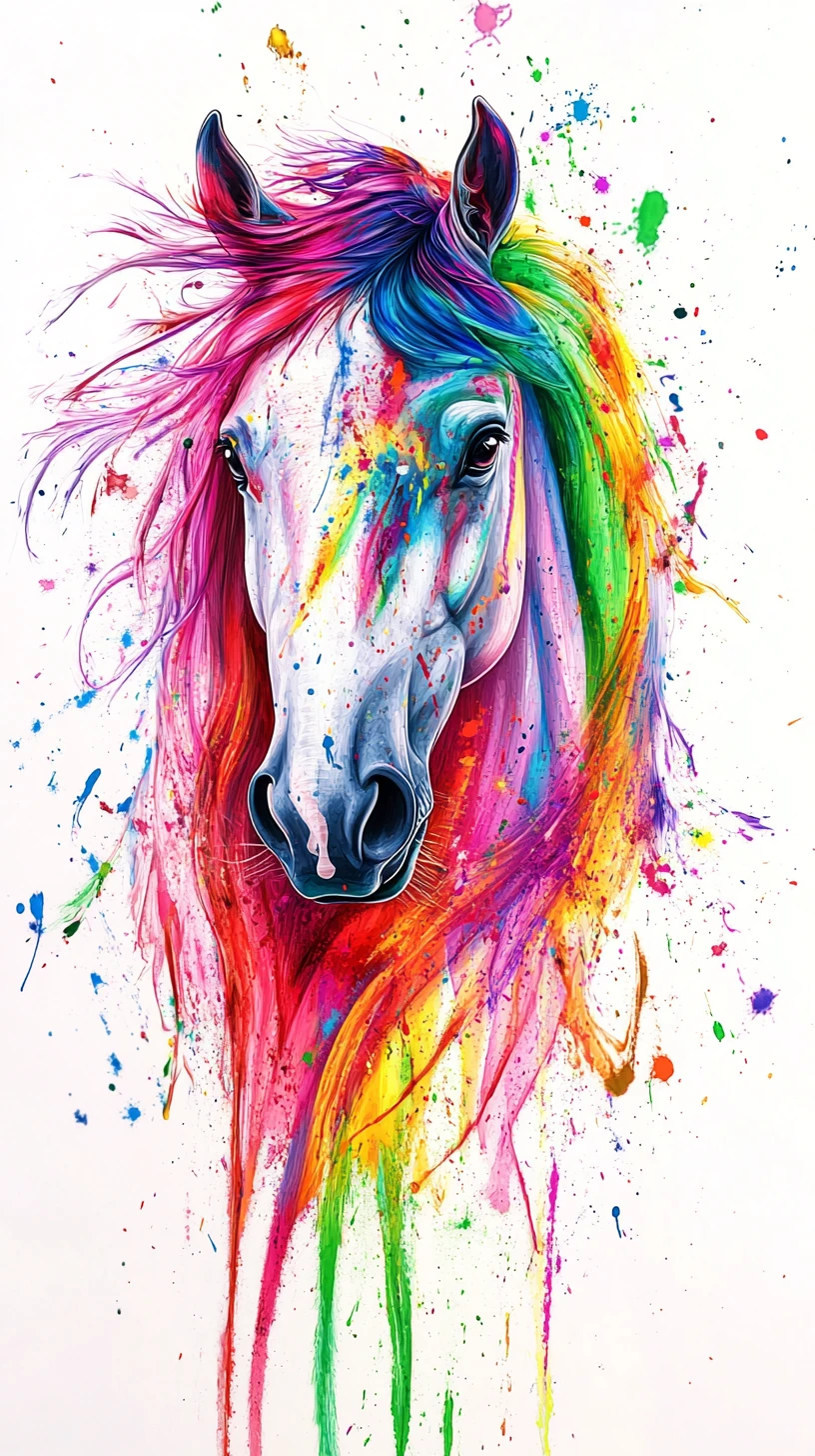 Surreal horse with flowing mane and vibrant rainbow splashes