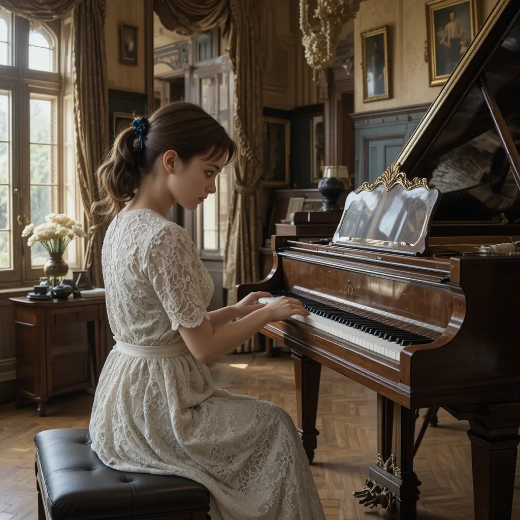 Young woman practicing the F key on a small upright piano