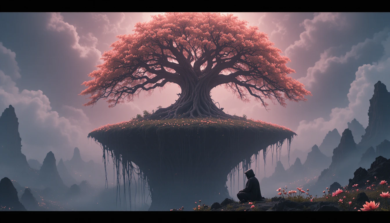 Ancient tree on a floating island in a luminous dreamscape