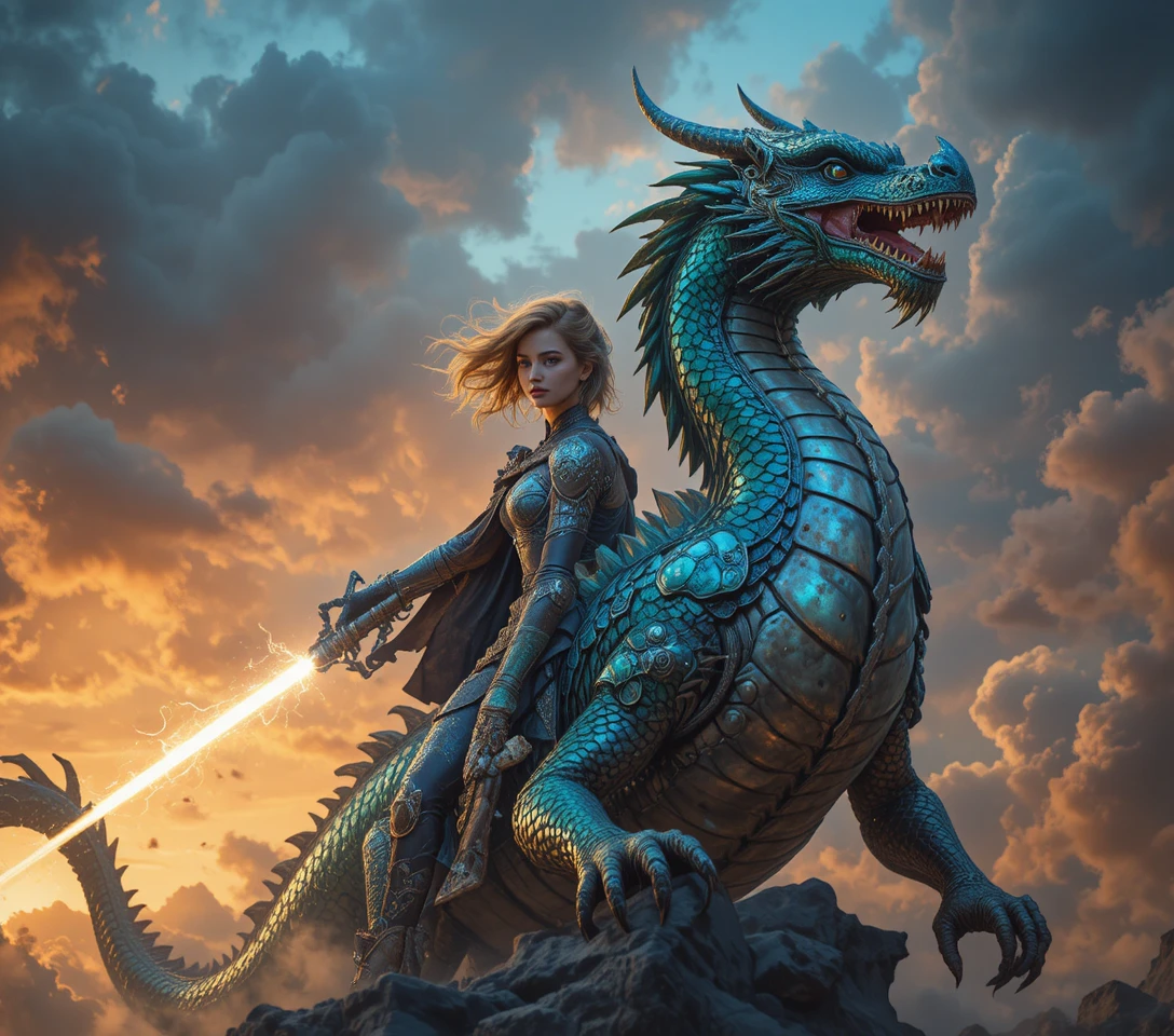 Young warrior girl riding armored dragon at sunset sky