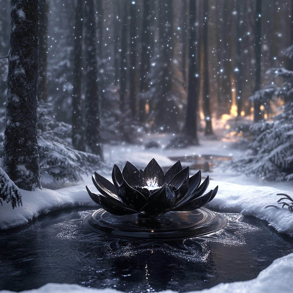 Black lotus on frozen pond in enchanted winter forest