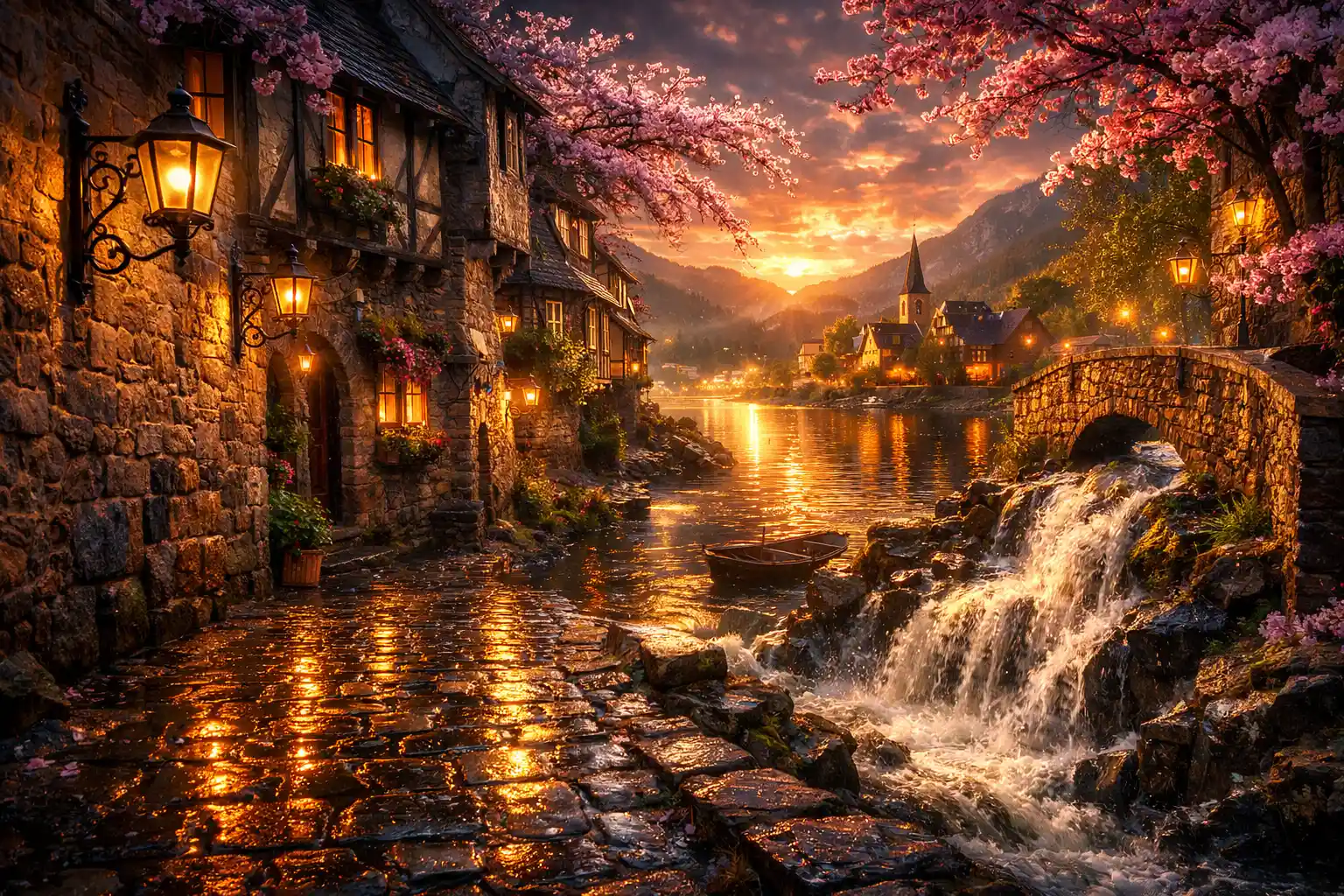 Calle surreal de un pueblo europeo brillando al atardecer de primavera