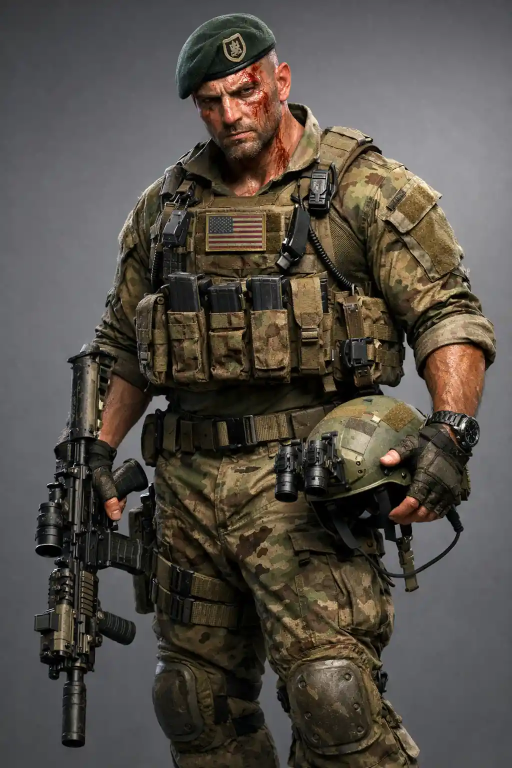 Soldat de l’armée américaine marqué par la bataille en rendu 3D corps entier