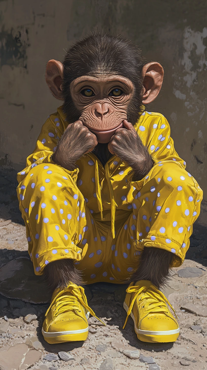 Pensive young monkey in yellow tracksuit on urban ground