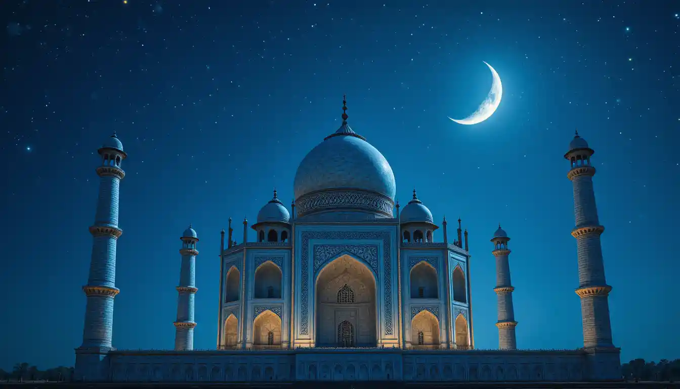 Taj Mahal che brilla sotto un cielo notturno blu profondo pieno di stelle