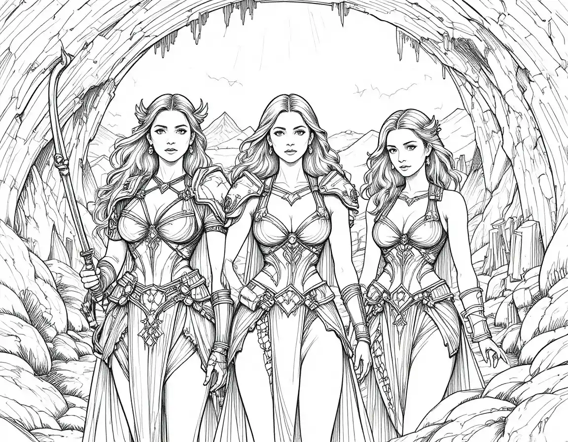 Epische Fantasy-Kriegerinnen in einer leuchtenden Höhle