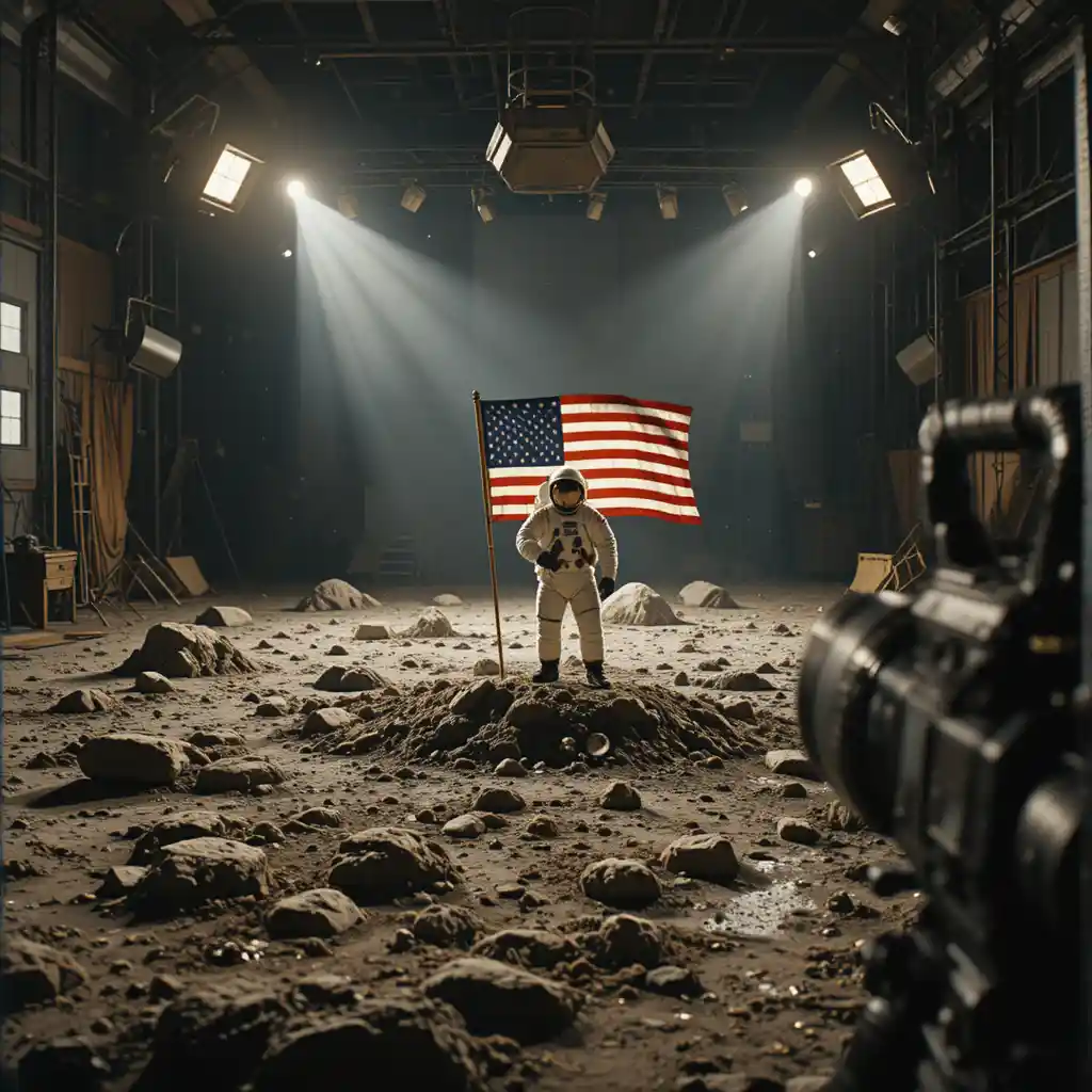 Staged moon landing set with astronaut in vintage studio