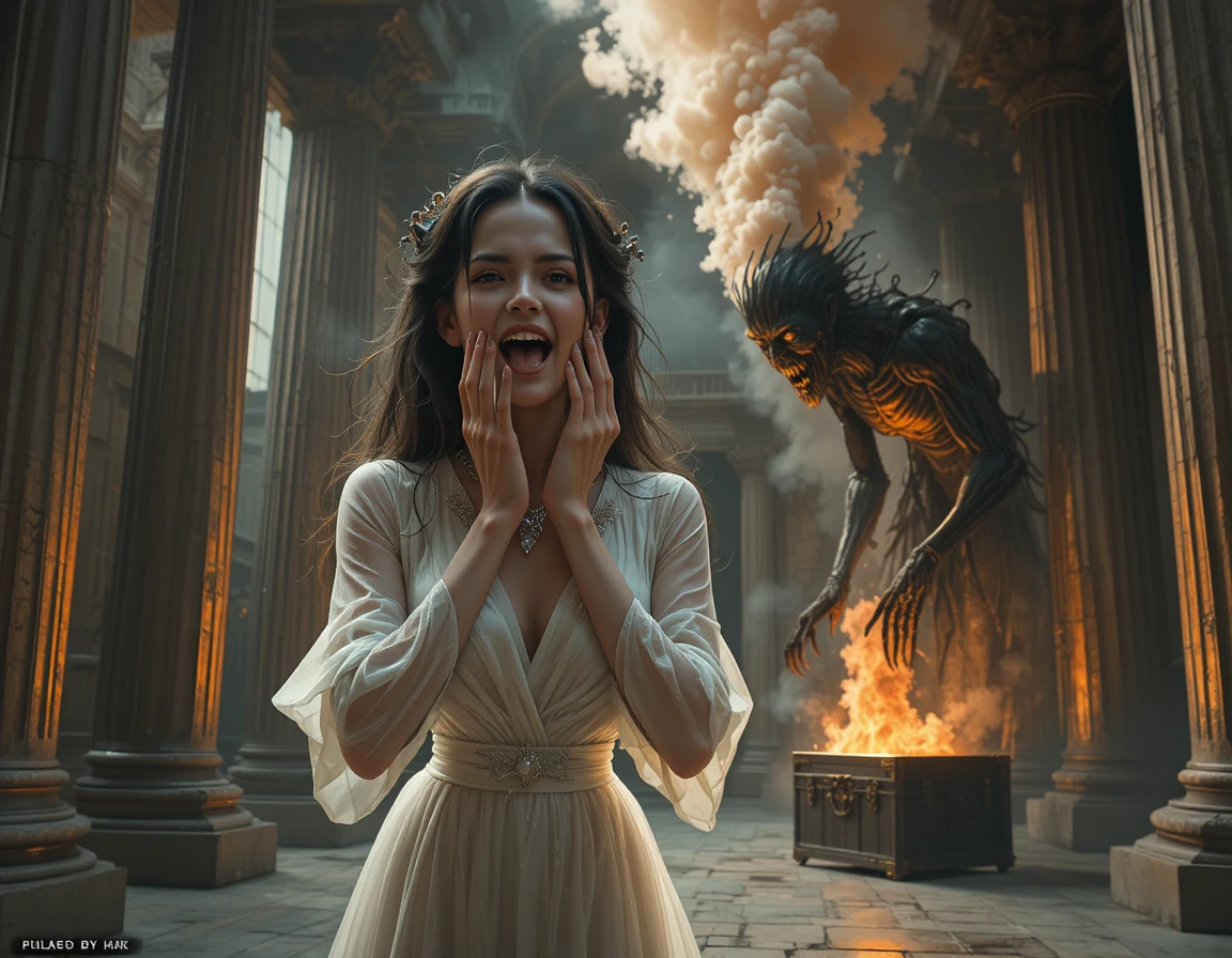 Kneeling girl in white dress facing ancient horror