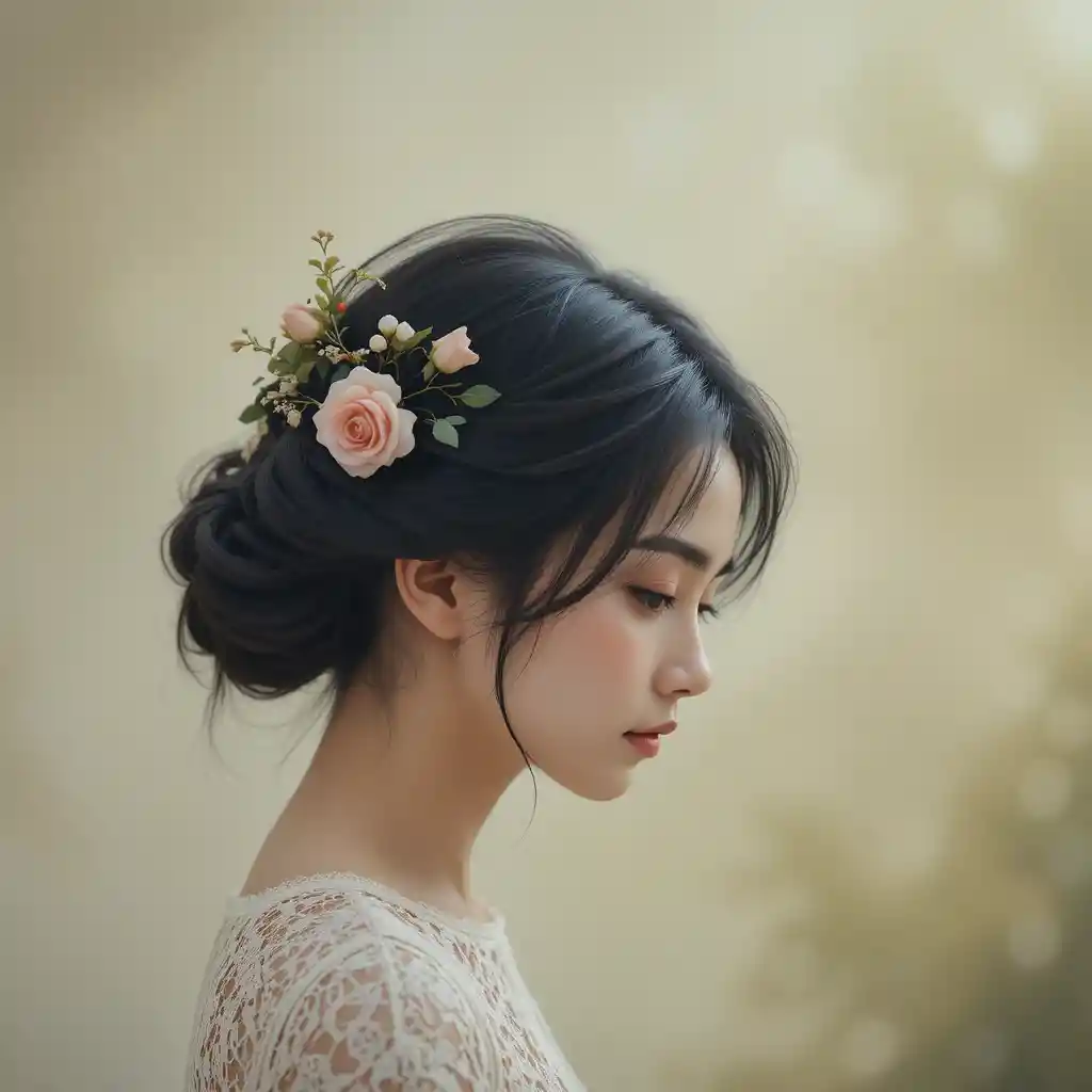 側臉年輕女子，髮間點綴玫瑰