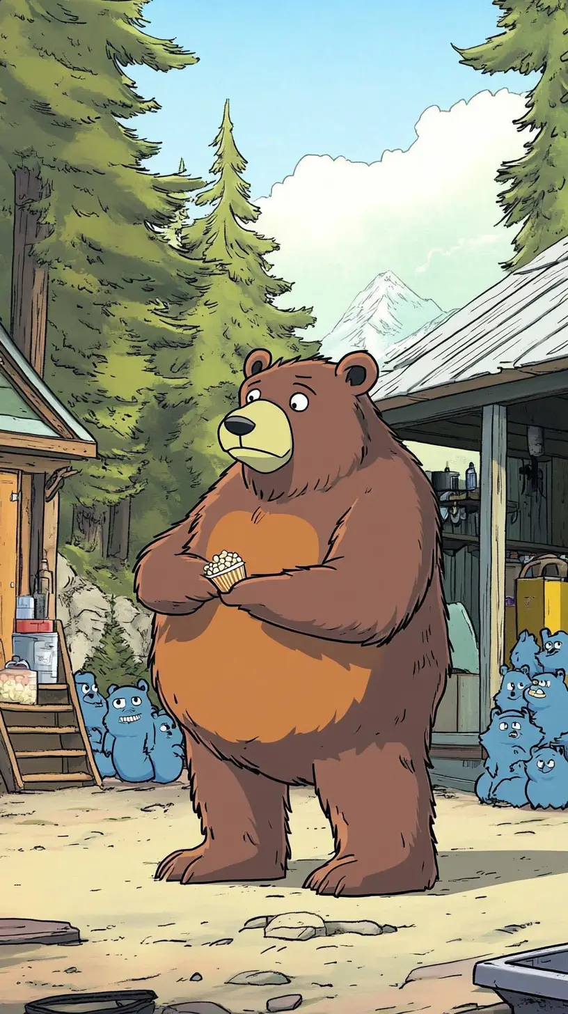Cartoon grizzly bear relaxing in a forest ranger house