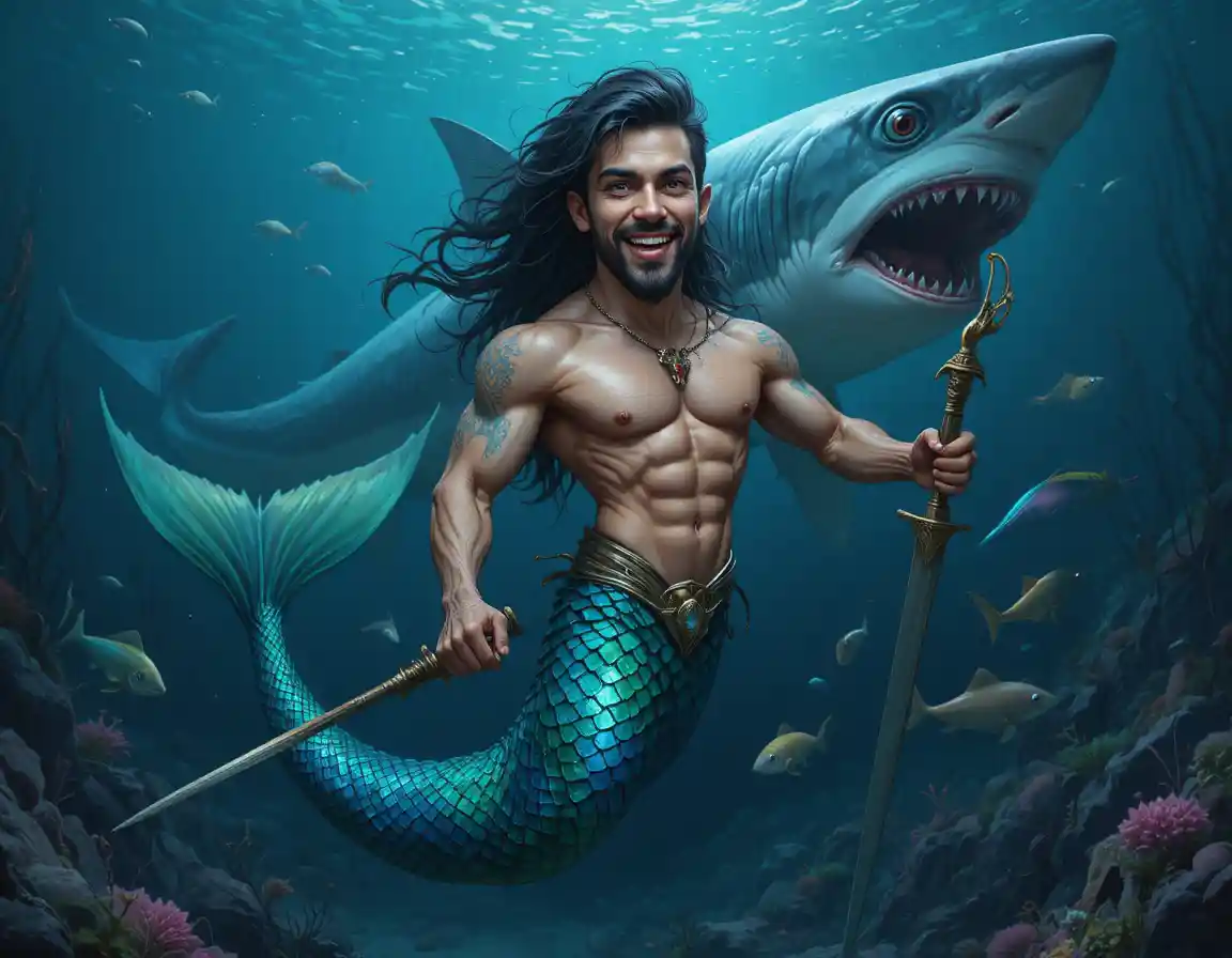 Muscular merman warrior with weapon in deep blue ocean