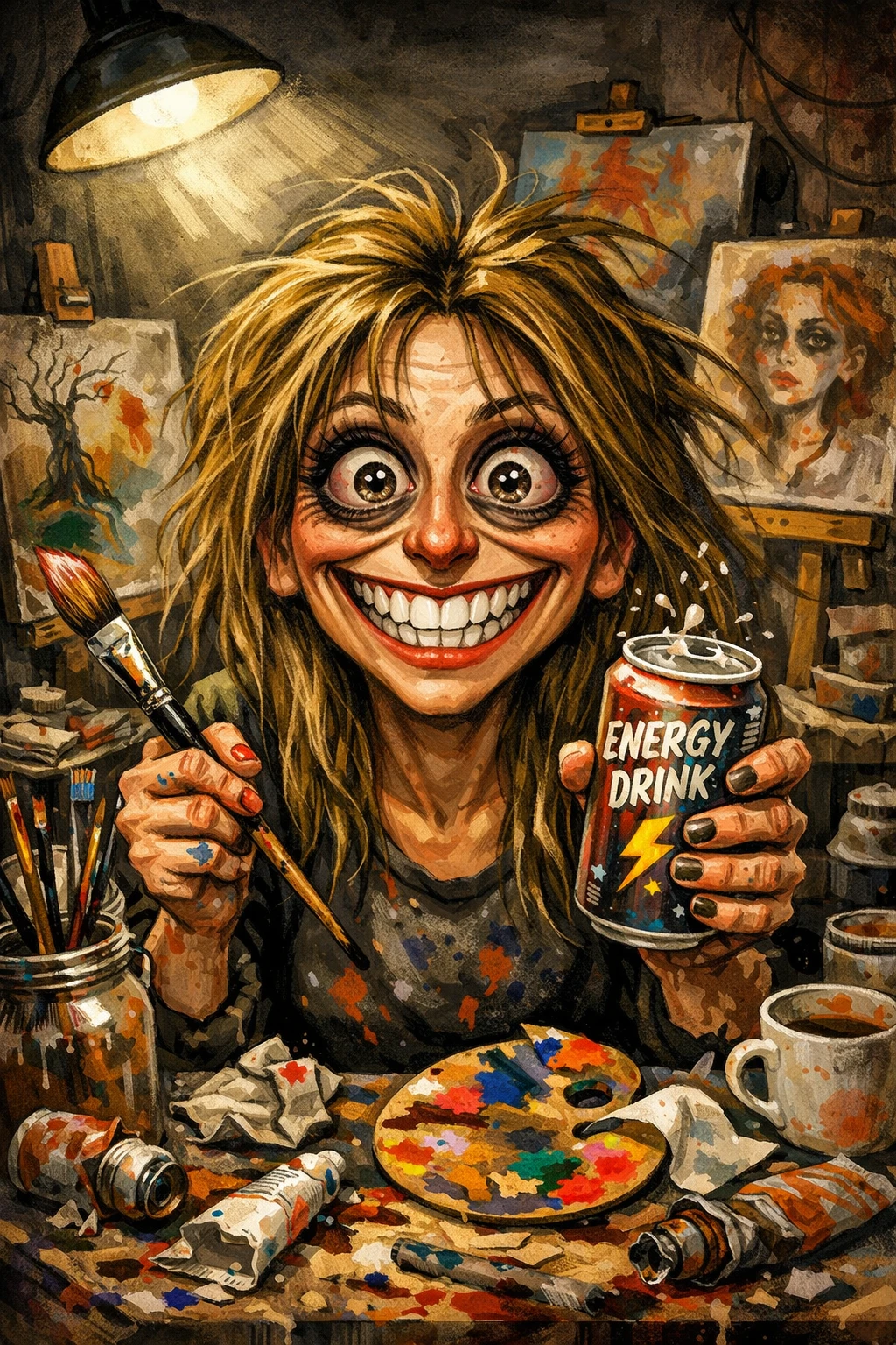 Artiste femme épuisée serrant un pinceau et une boisson énergisante
