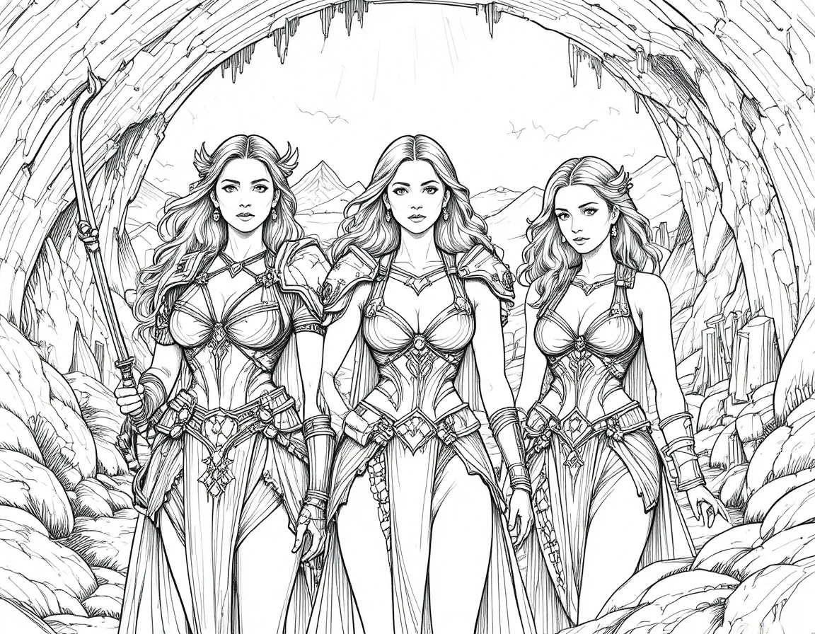 Epische Fantasy-Kriegerinnen in einer leuchtenden Höhle