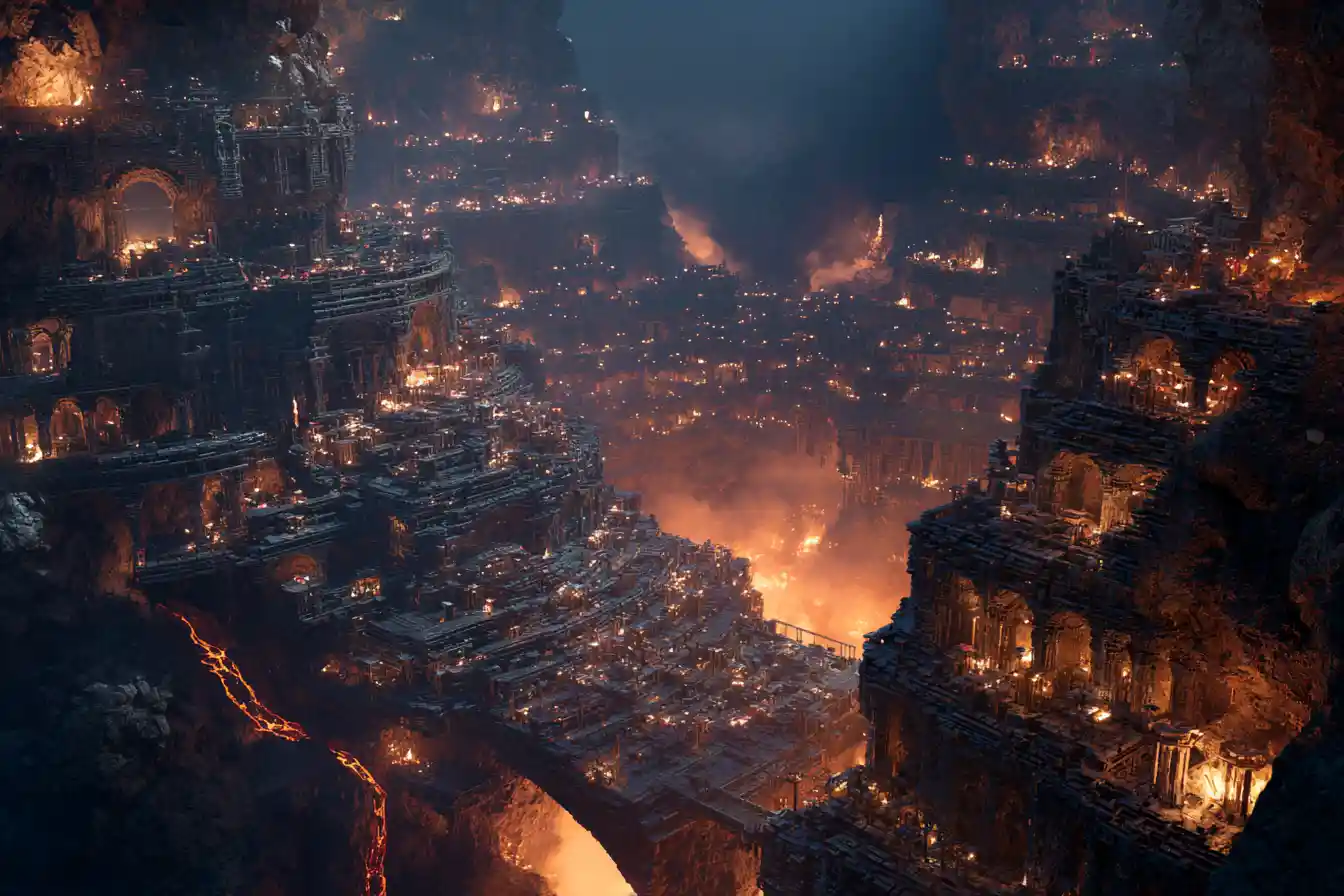 Vast Dwarven City Built Inside A Volcanic Caldera