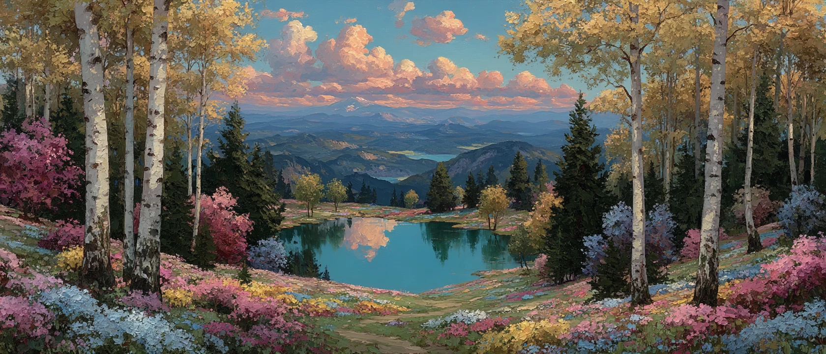 Colorata Valle Boscoso di Primavera con Lago e Montagne in Lontananza