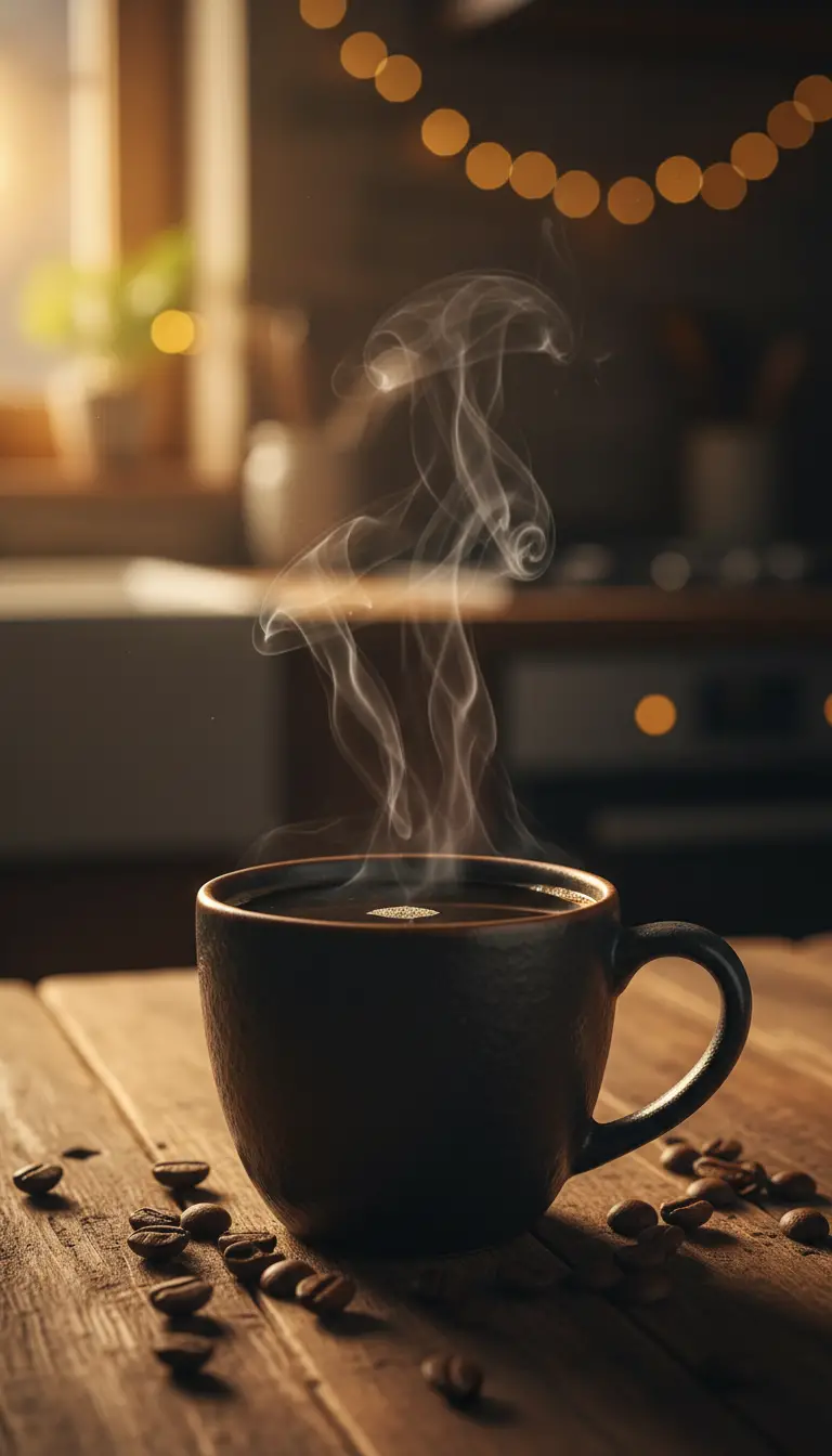 Steaming black coffee in a ceramic mug on wooden table