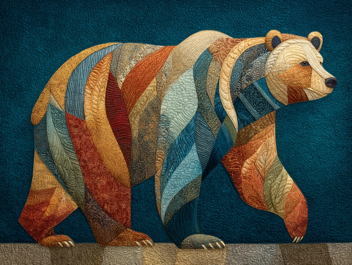 Patchwork-Bär läuft nach vorne mit sichtbaren Stoffnähten