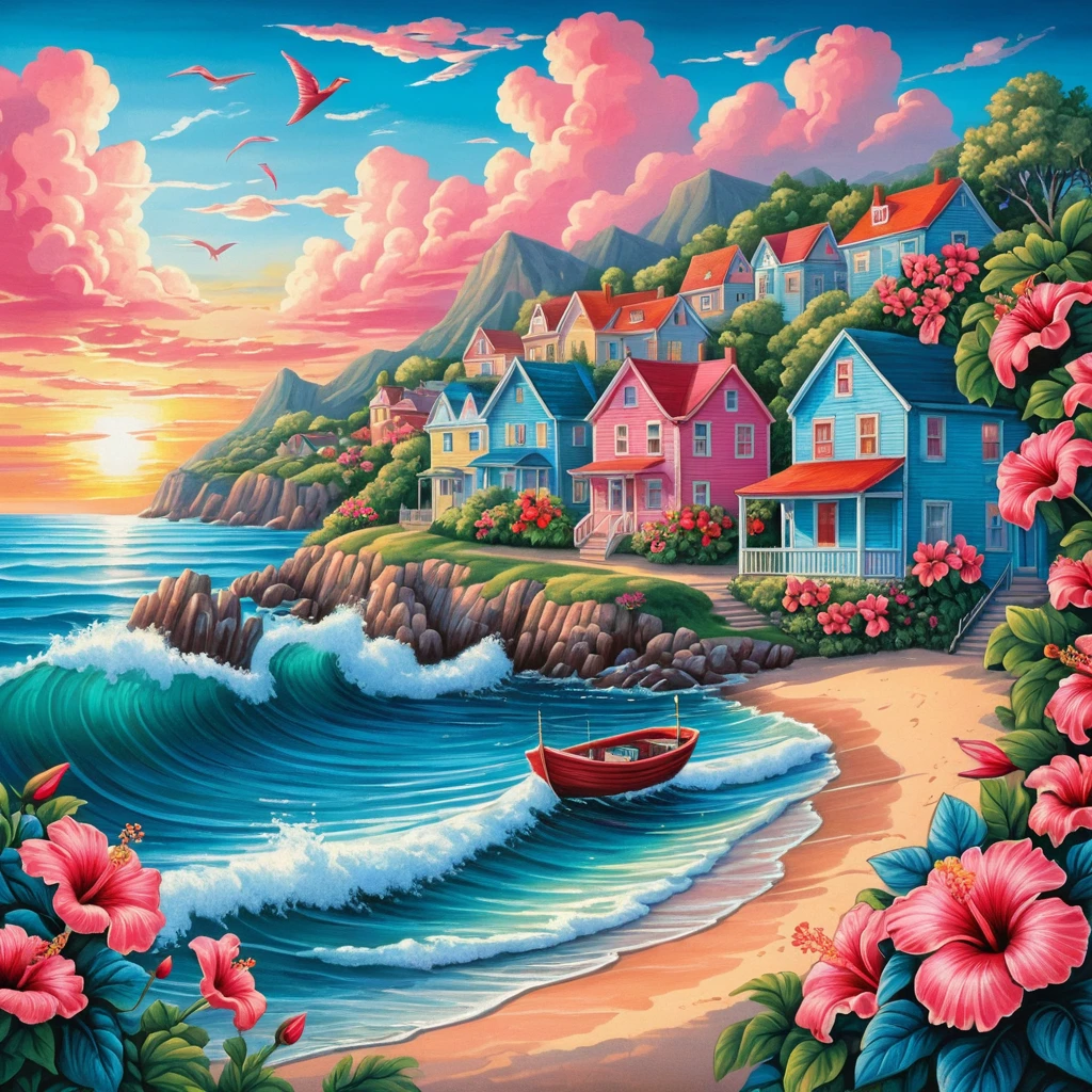 Colorida ciudad costera al atardecer con olas y flores
