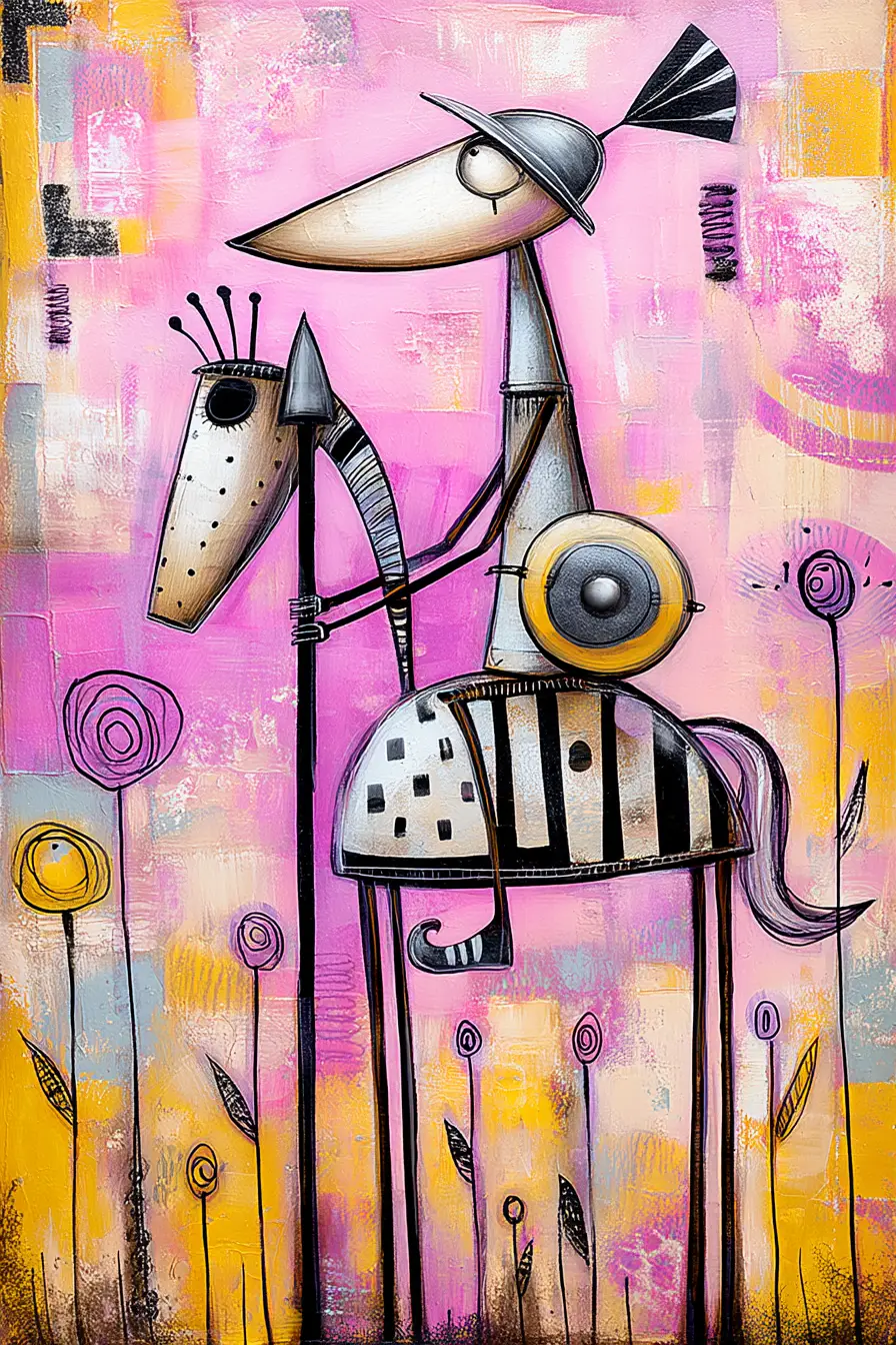 Skinny knight on horse in whimsical fantasy illustration