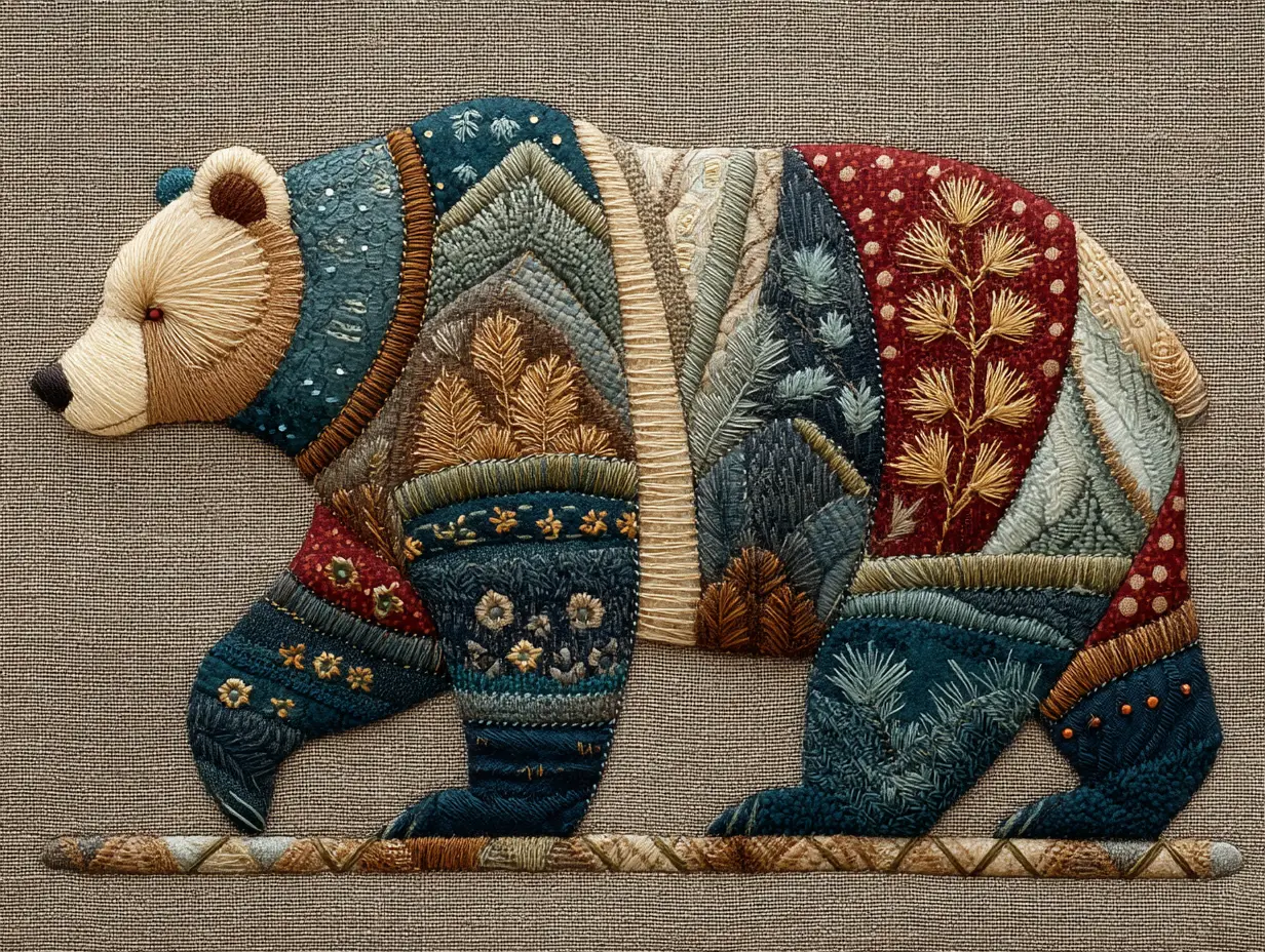 Patchwork bear panel walking forward on all fours