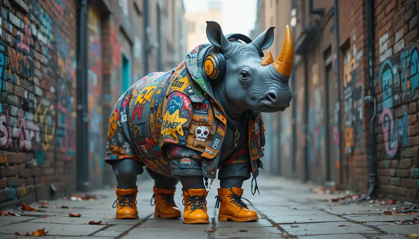 Rinoceronte Graffiti con Giacca Streetwear e Cuffie