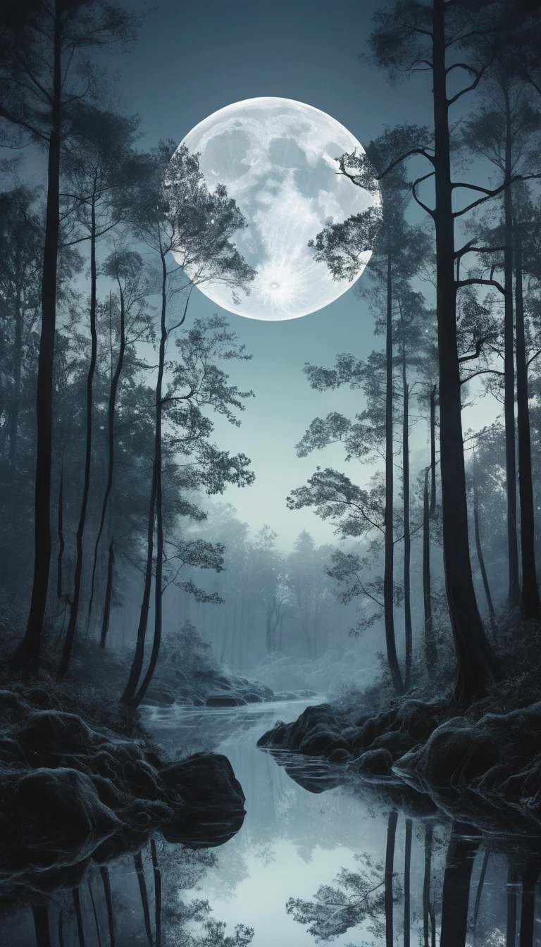 Dreamlike double exposure of a mystical silver forest