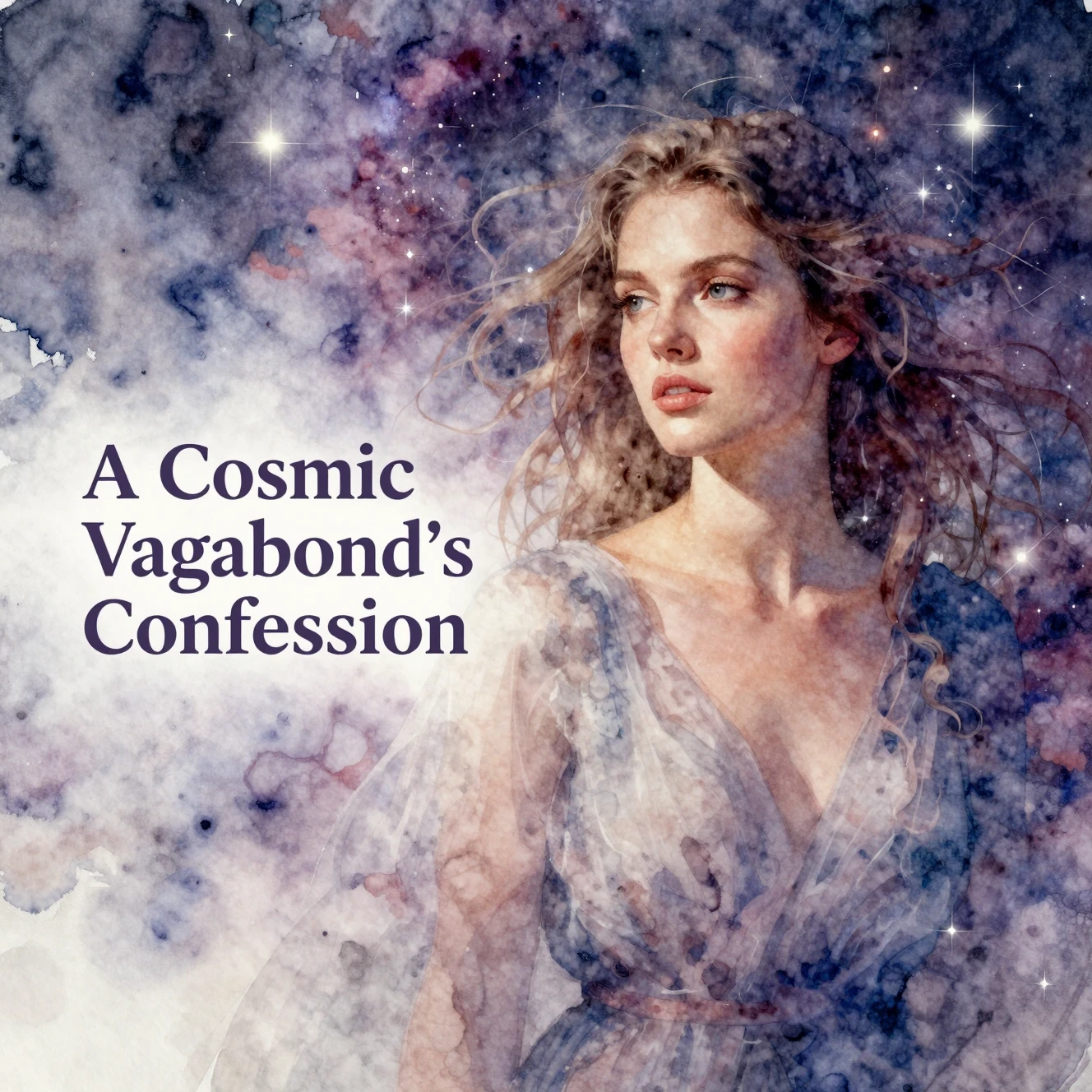Giovane donna serena ad acquerello tra stelle cosmiche luminose