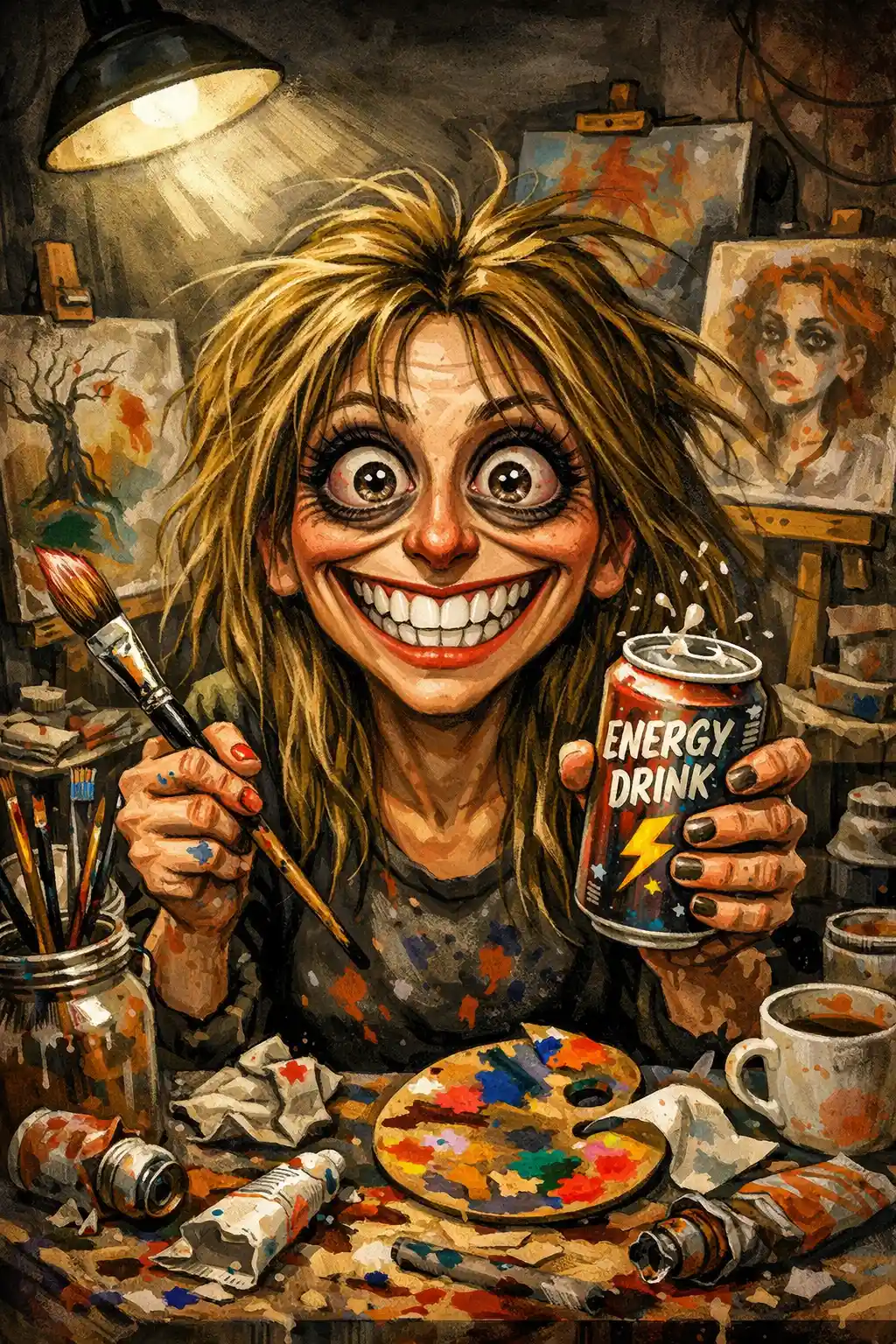 Exhausted female artist clutching paintbrush and energy drink