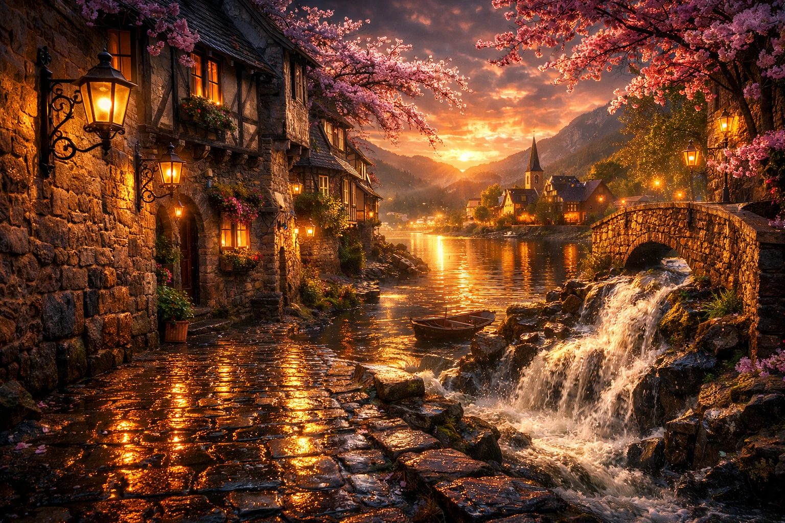 Calle surreal de un pueblo europeo brillando al atardecer de primavera