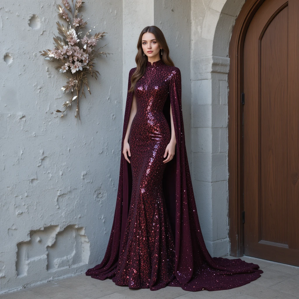 Mulher elegante em vestido de lantejoulas borgonha junto à parede cinza