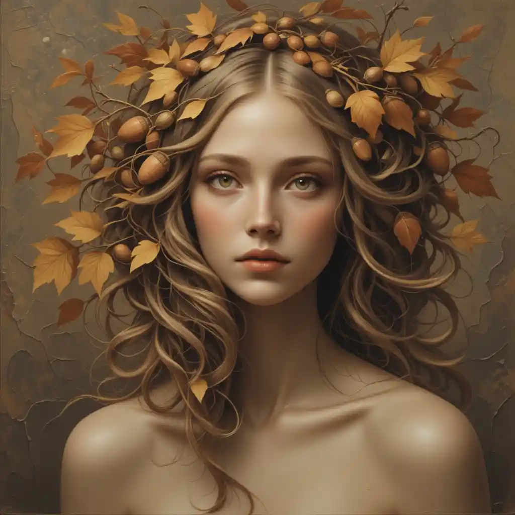 Autumn goddess portrait with golden eyes and leaf hair