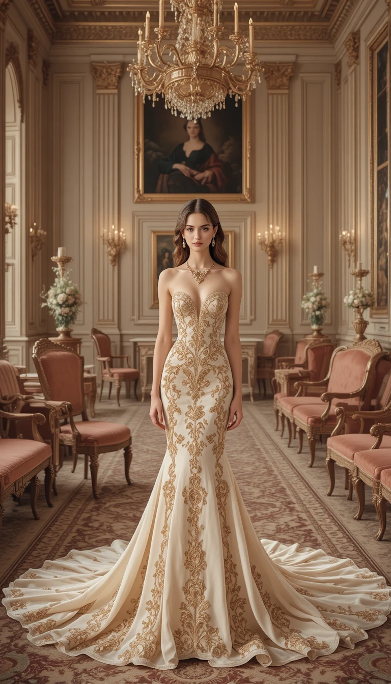 Elegant woman in gold gown in opulent palace interior