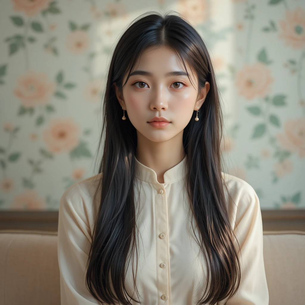 Young Asian woman portrait with soft floral background