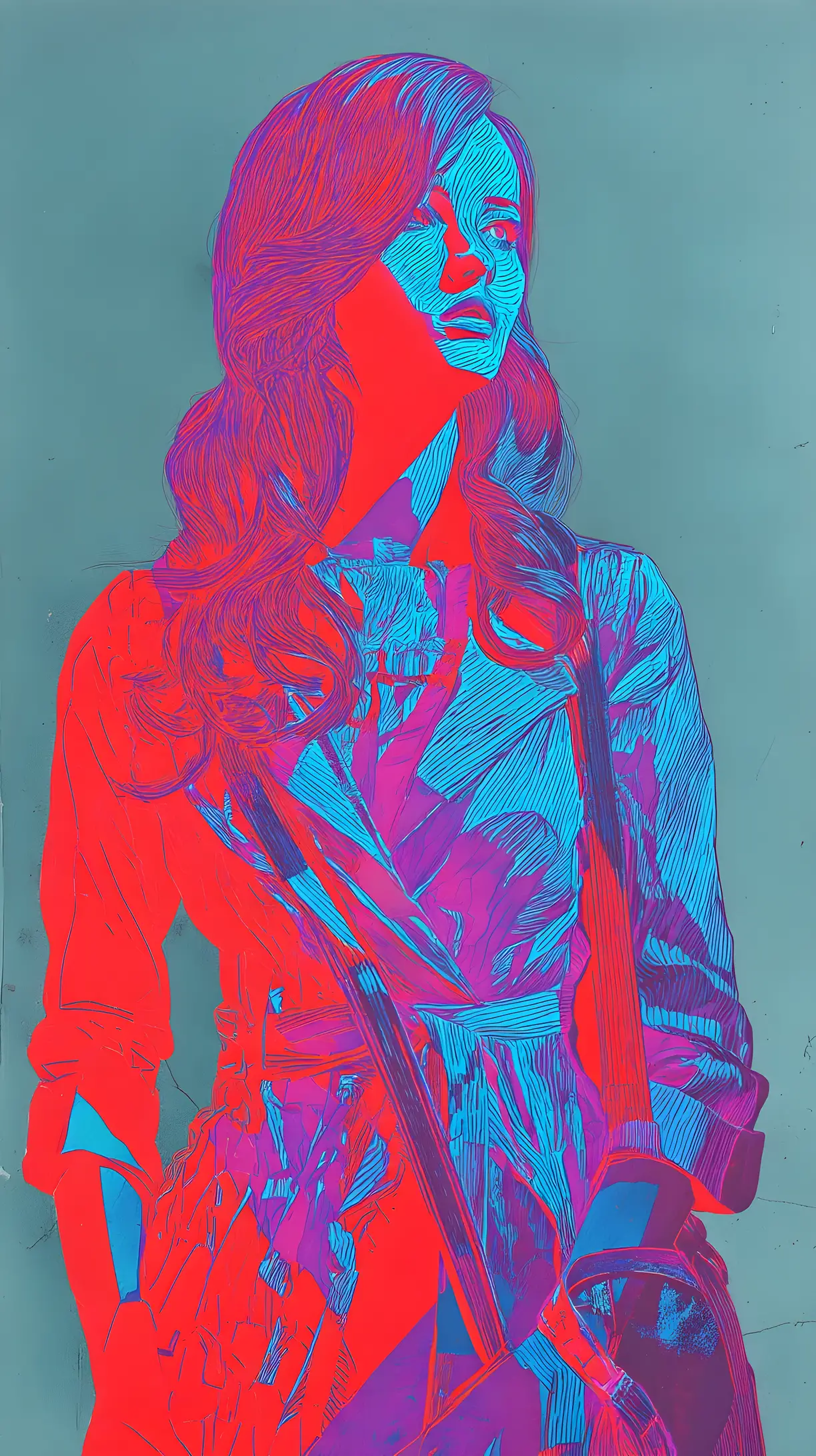 Eerie cyborg model with long wavy hair in full body view