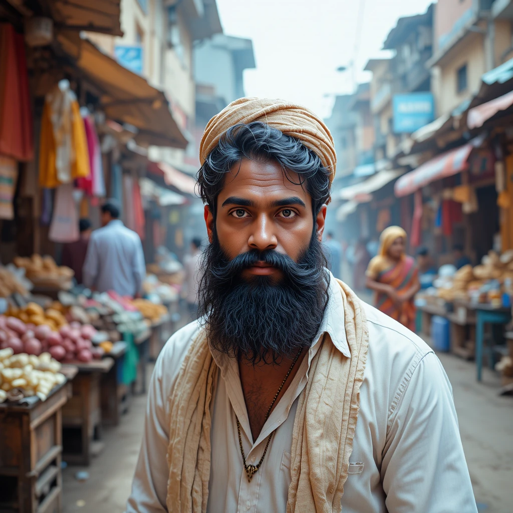 Mono vestido caminando por un concurrido mercado callejero de la India
