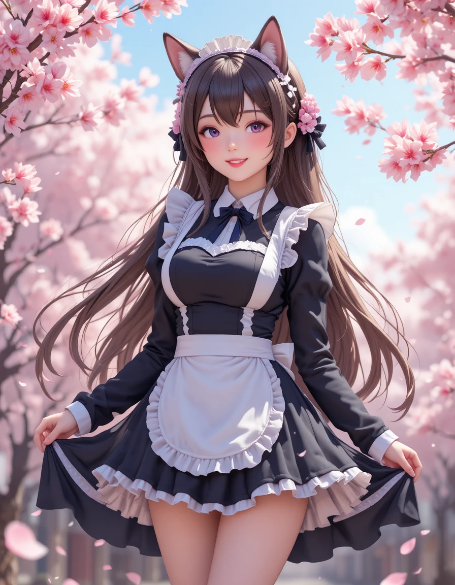 Joyful 3D anime maid with cherry blossoms in spring