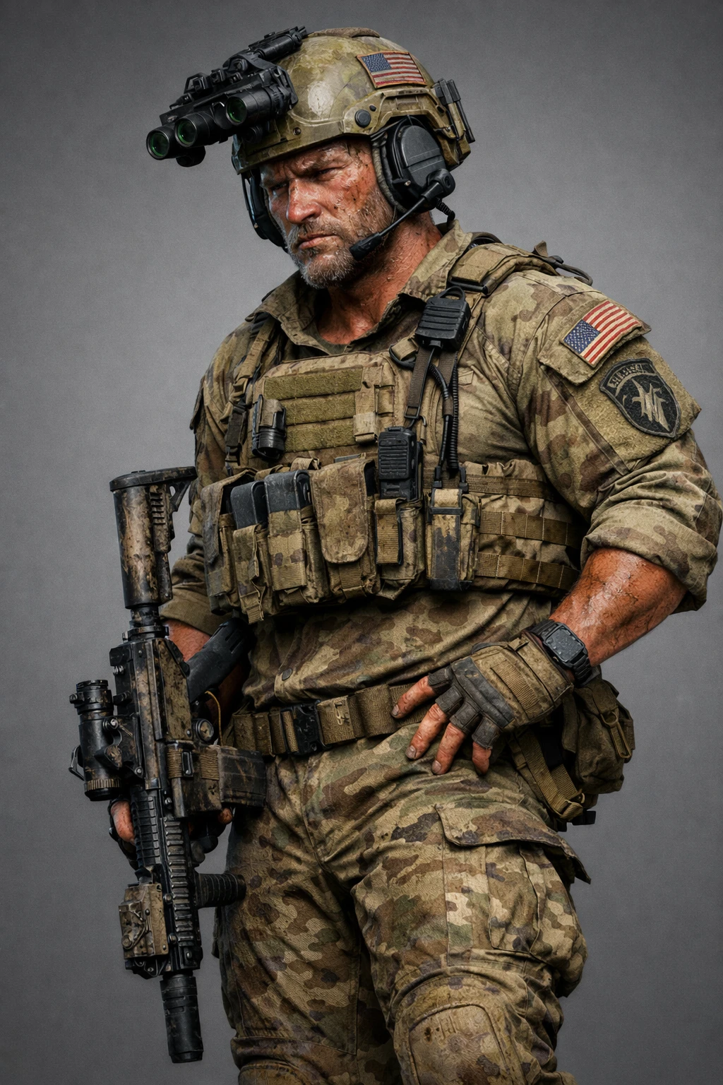 Render 3D a figura intera di un soldato stanco dell'esercito USA