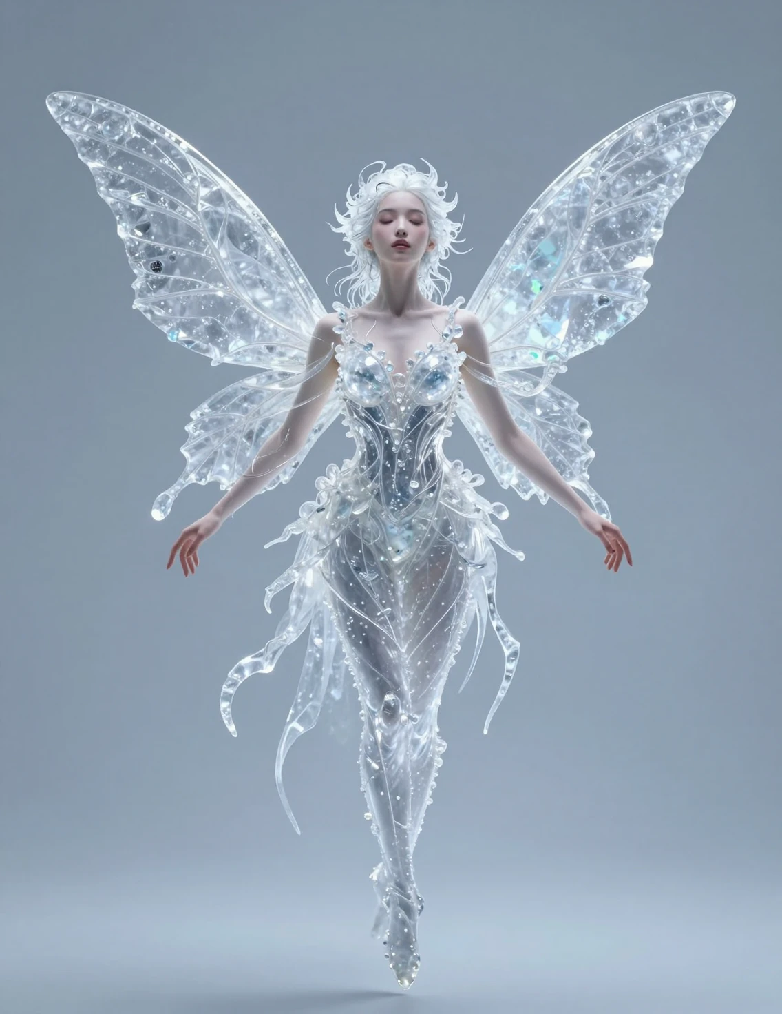 Crystalline Winged Woman Floating In Soft Icy Light
