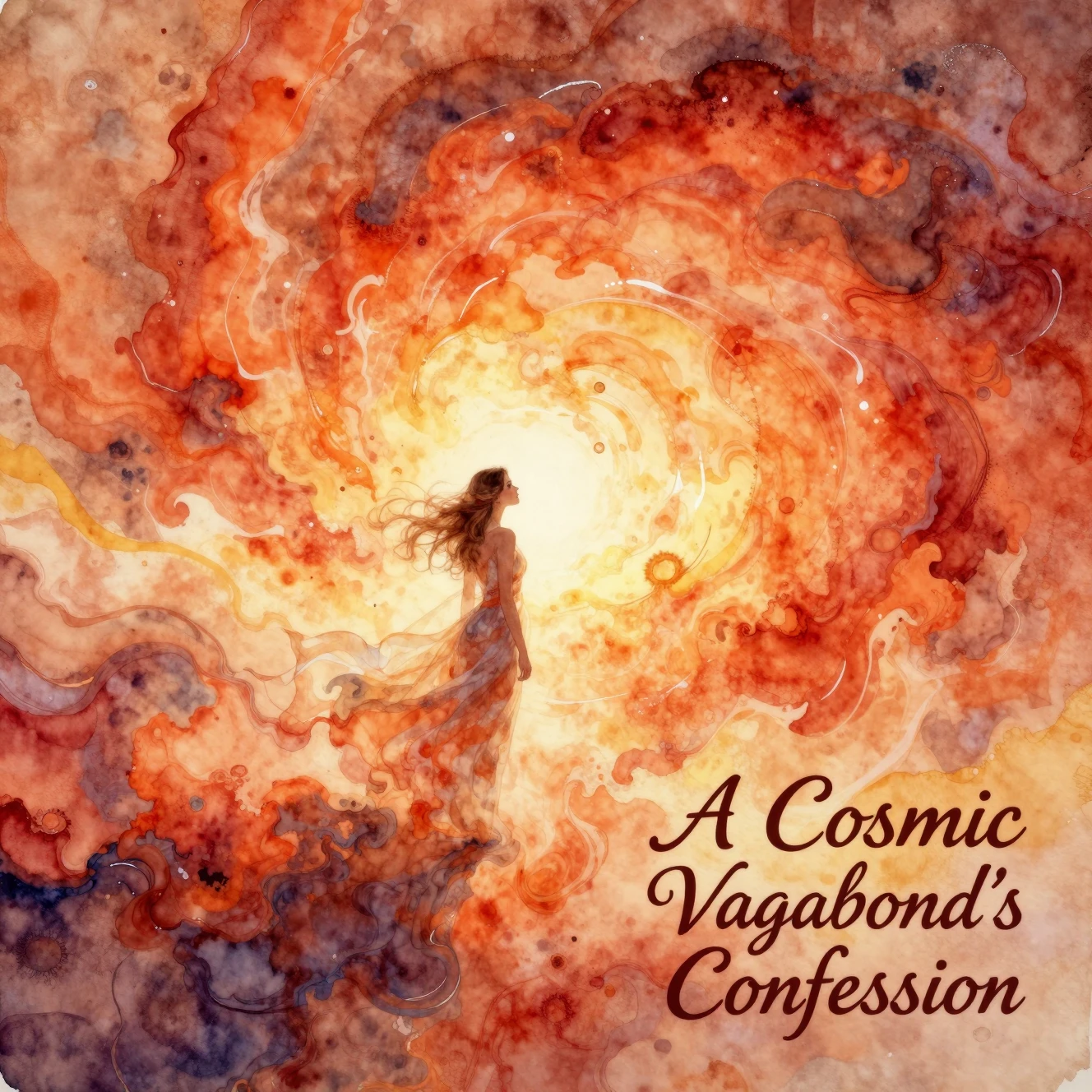 Watercolor girl adrift in swirling cosmic storm light
