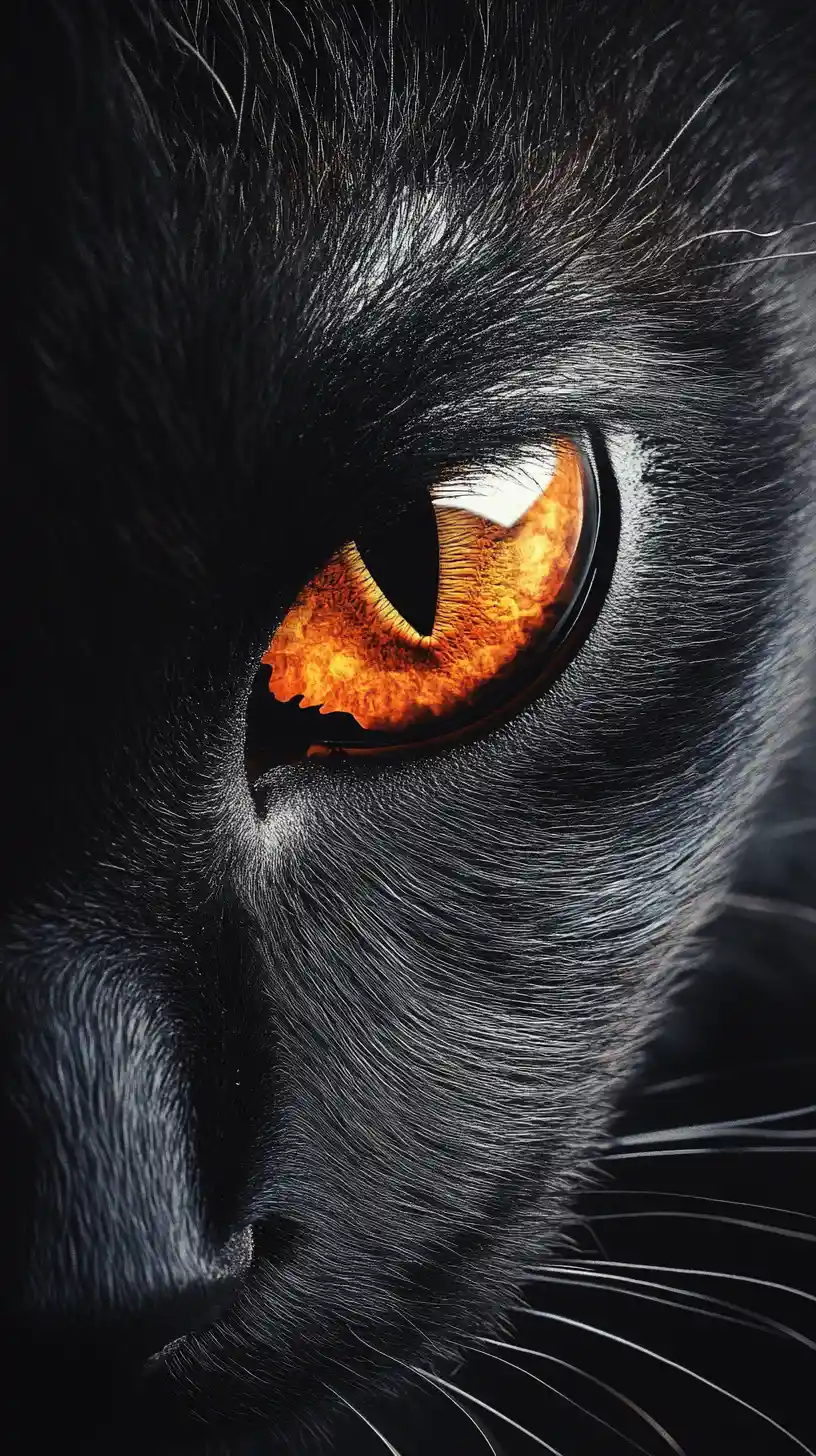 Intense Black Cat Extreme Close Up With Vibrant Orange Eye