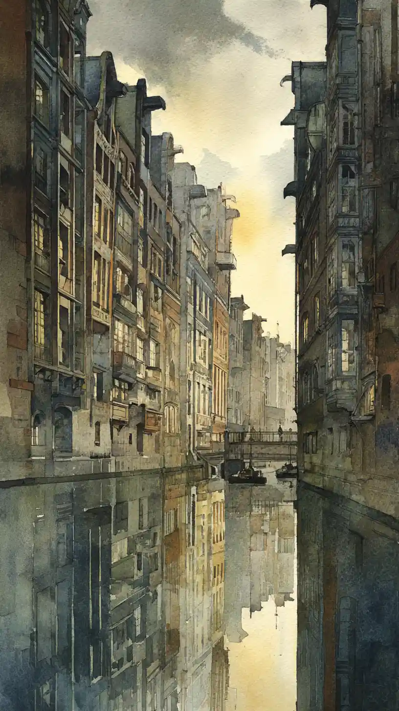 Early twentieth century Hamburg harbor in watercolor tones