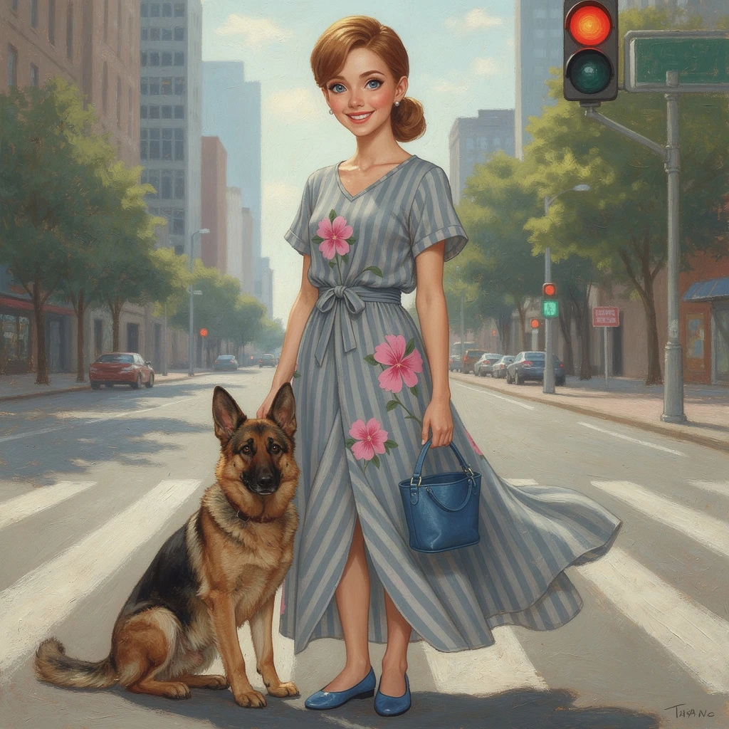 Woman and german shepherd waiting at city traffic light