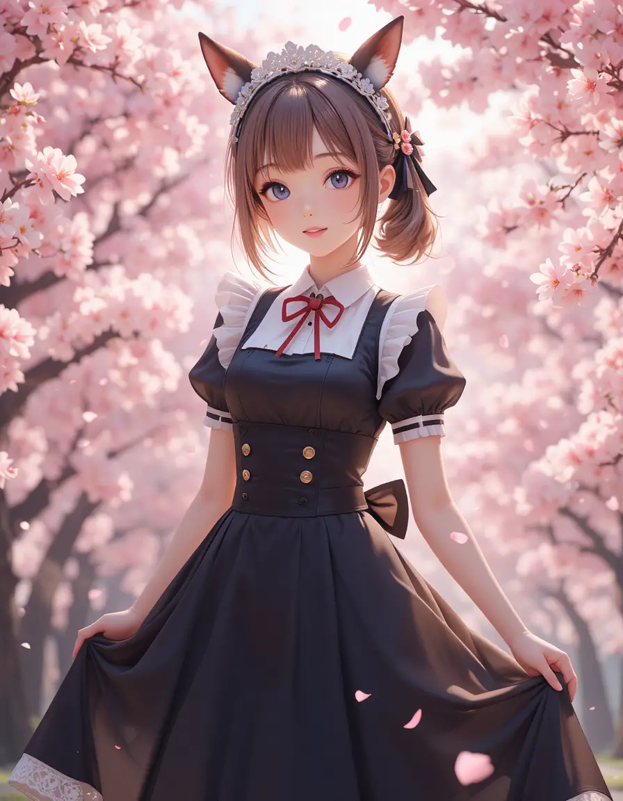 Joyful 3D anime maid among falling cherry blossoms
