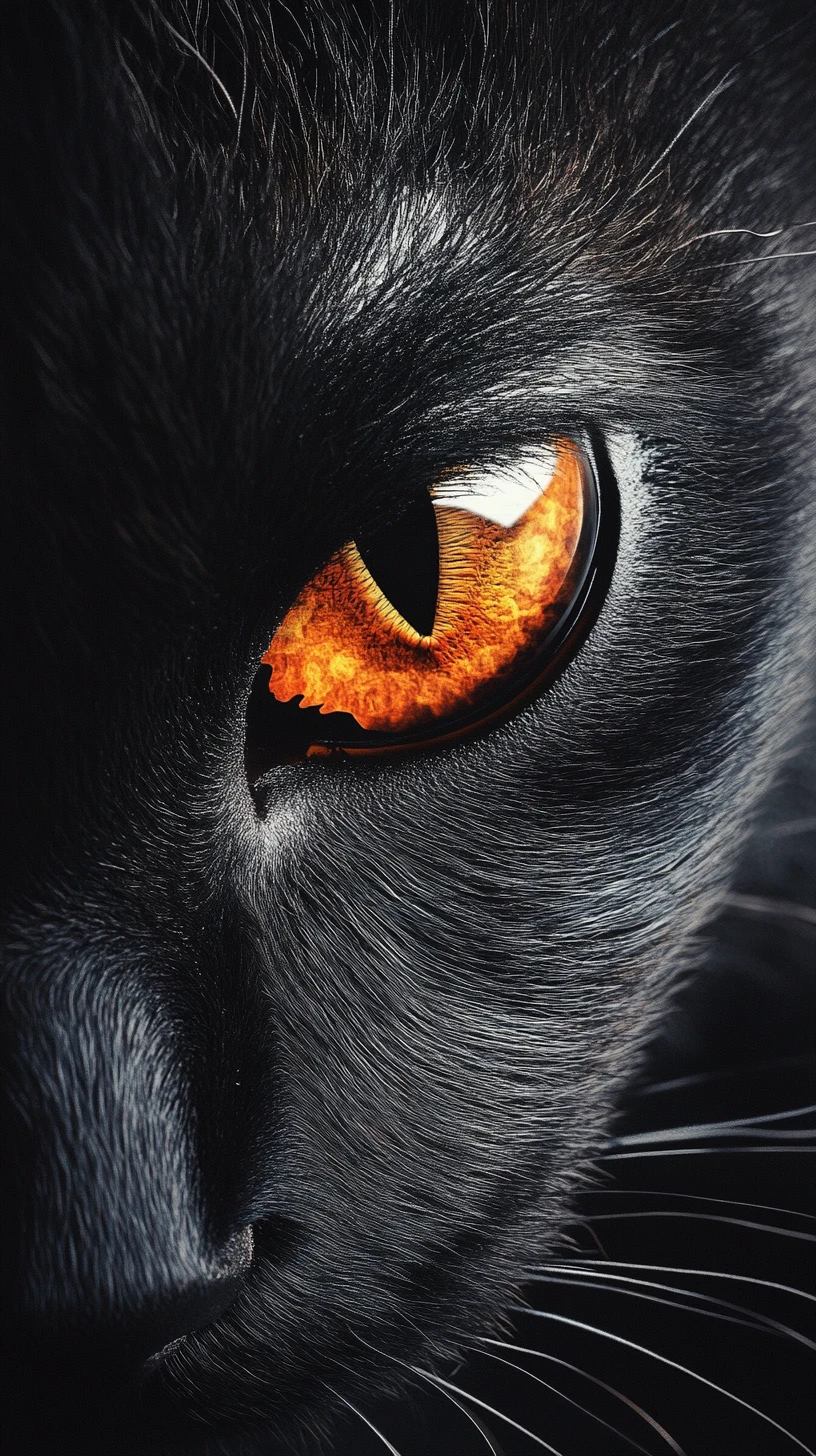 Primerísimo primer plano de gato negro intenso con ojo naranja vibrante