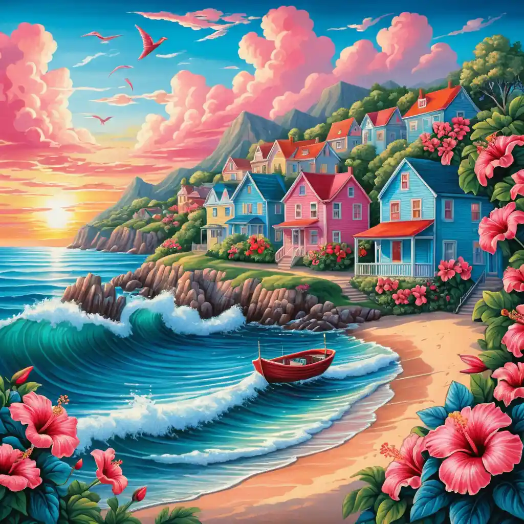 Colorful seaside town at sunset with waves and flowers