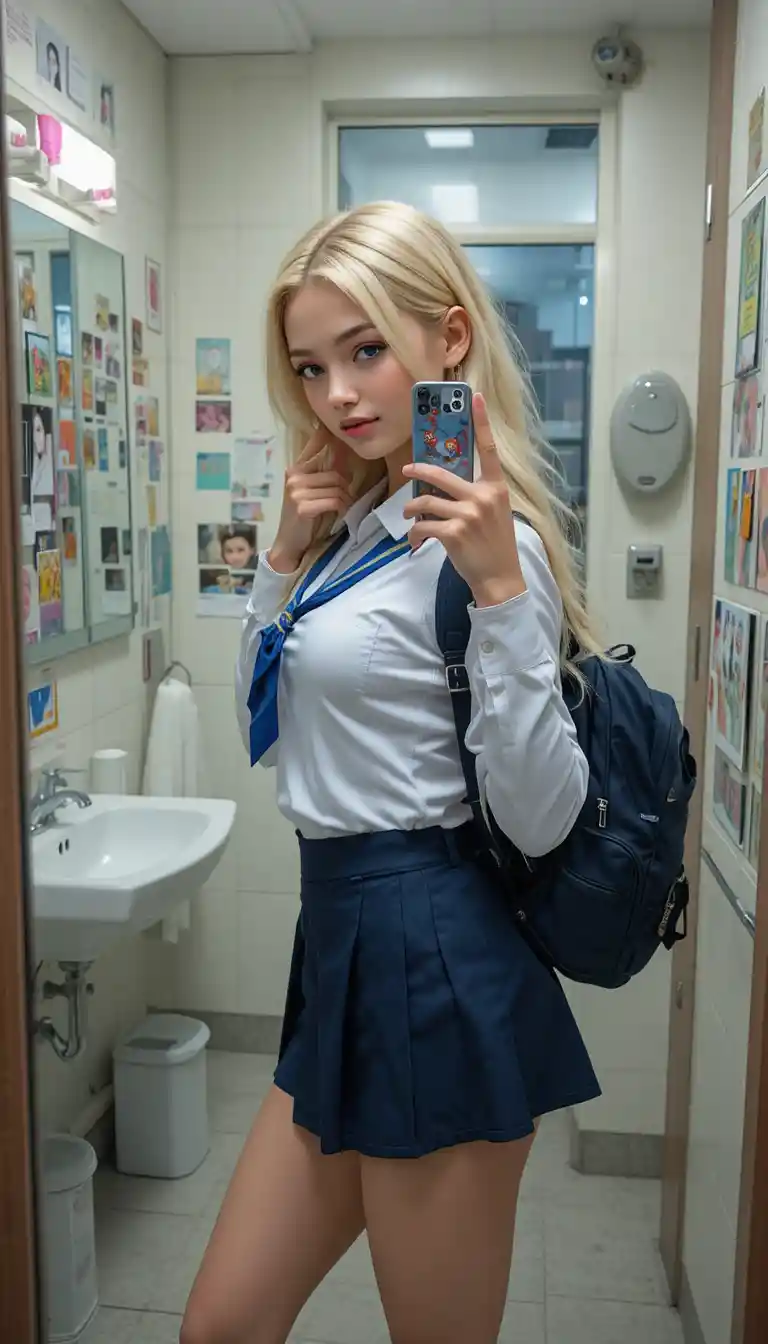 Blonde student girl selfie in a colorful school bathroom